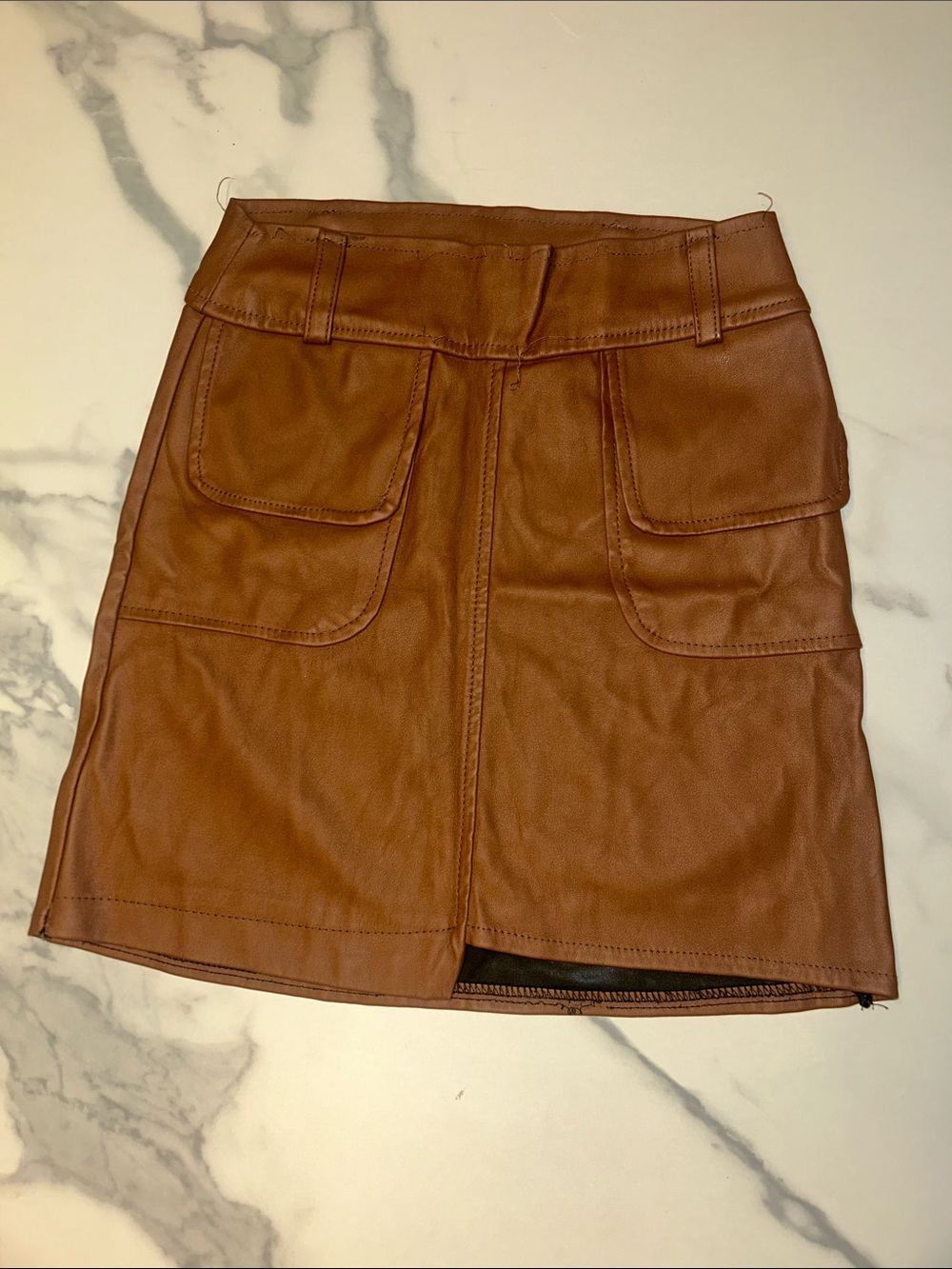 Vintage Leather-Look Cargo Pocket Mini Skirt - Brown